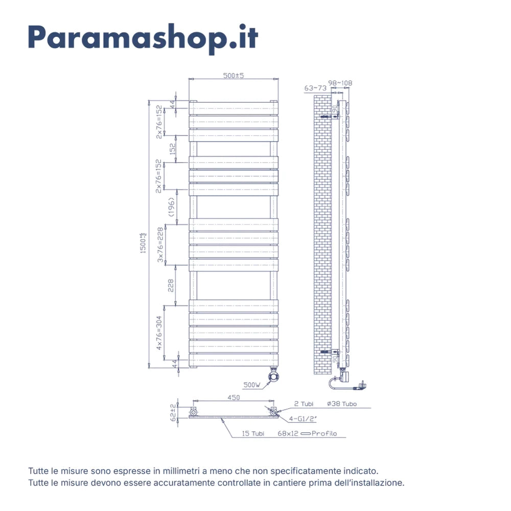 Termoarredo elettrico 1500x500 nero opaco interasse 450 | Andromeda