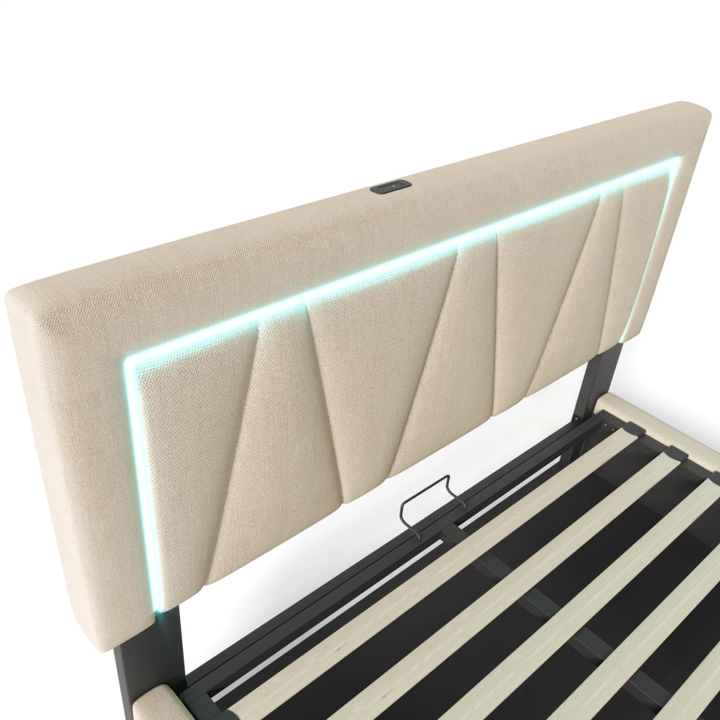 Letti contenitori 160x200 cm con LED e USB; lino beige; contenitore (Senza materasso)