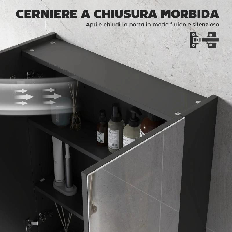 ARMADIETTO PENSILE BAGNO 2 ANTE CON SPECCHIERA E 2 RIPIANI INTERNI IN MDF, 60X15X75 CM, NERO