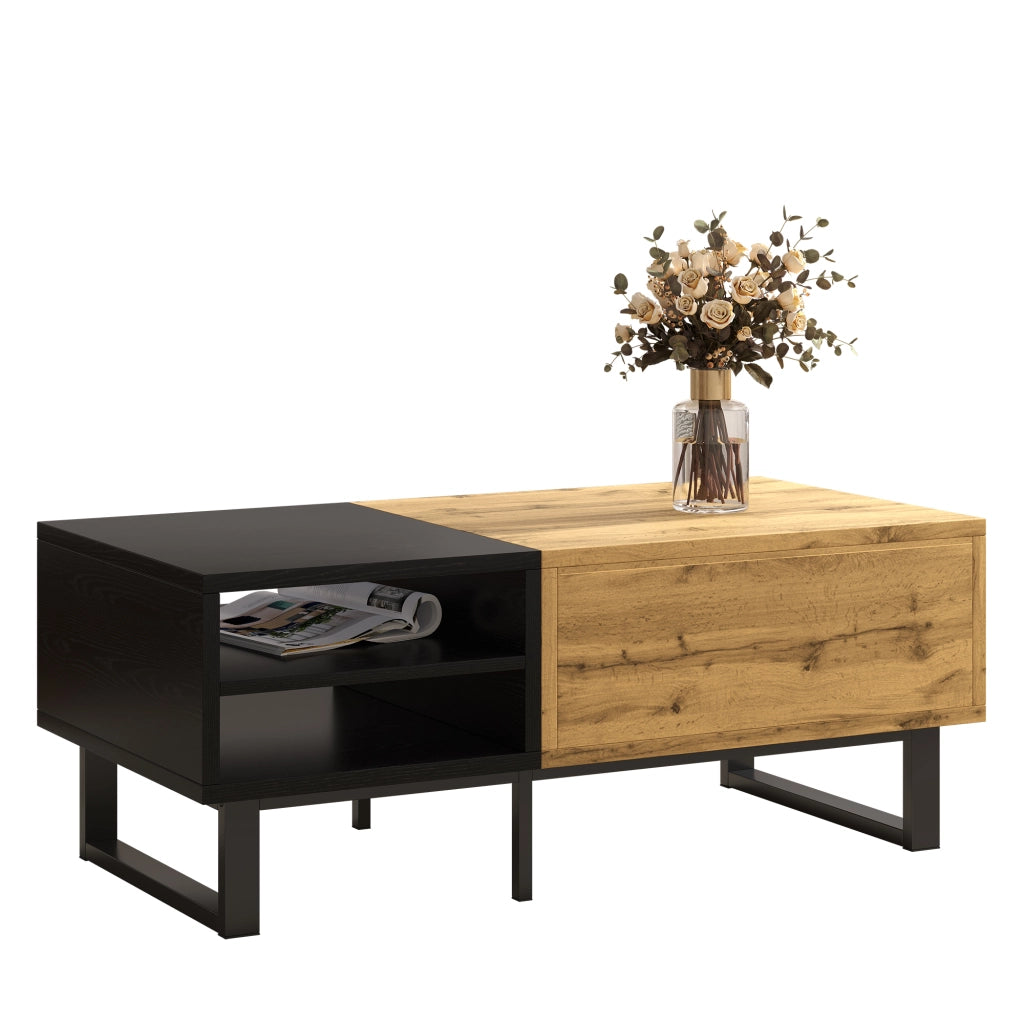 Tavolino da Caffè con 1 Cassetto e 3 Vani Aperti; Gambe in Metallo; Stile Industriale; in Pannello Truciolare; Naturale; 100×50×40 cm