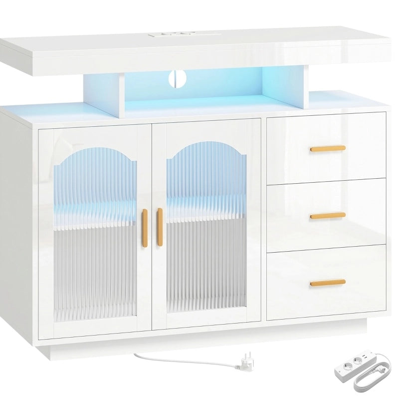 Credenza 100x35x80 cm bianco – LED, prese integrate, 3 cassetti e vani contenitori