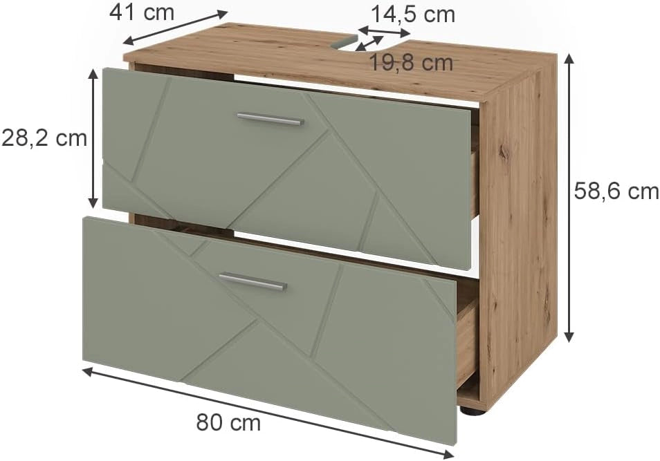 Mobile sottolavabo per bagno Irma, Verde salvia, 80 x 58.6 cm con cassetti, adatto per l'installazione sopra il sifone con aperture di aerazione