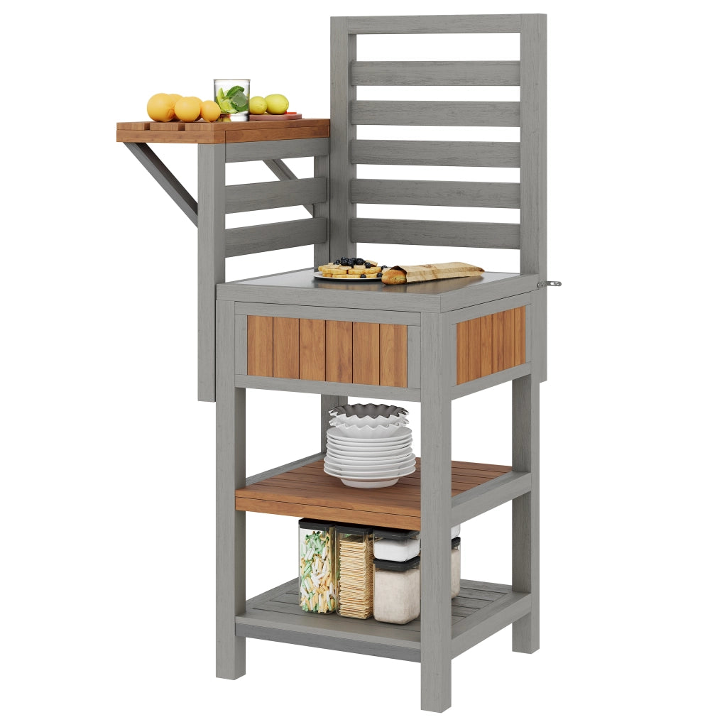 Armadio Da Giardino con Piano In Acciaio Inox e Doppio Ripiano Contenitore in Legno Massello Naturale 74 × 54 × 149 cm