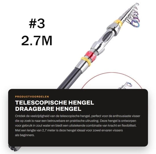 Hengel Telescopico 2,7 m - Portatile - Fibra di Carbonio - Ripiegabile - Hengel Rigid - Per Acqua Salata - Hengel da Pesca