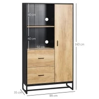 Credenza Moderna da Cucina con 2 Cassetti, 2 Ripiani e un Armadietto, 88x35x160 cm, Legno e Nero