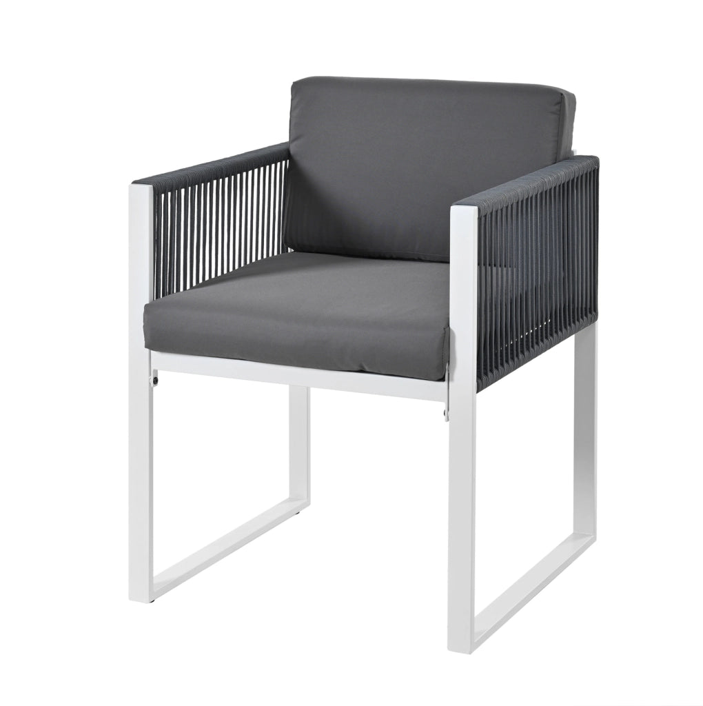 Set da pranzo da esterno 7 pezzi con tavolo in vetro temperato e 6 sedie; grigio e bianco