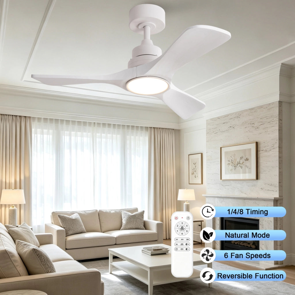 Ventilatore da soffitto 36 pollici con luce LED; 3 pale in legno; bianco