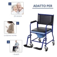 Sedia a Rotelle Bagno con Vaso Rimovibile in Tubi di Ferro e PVC 87 x 57 x 92cm