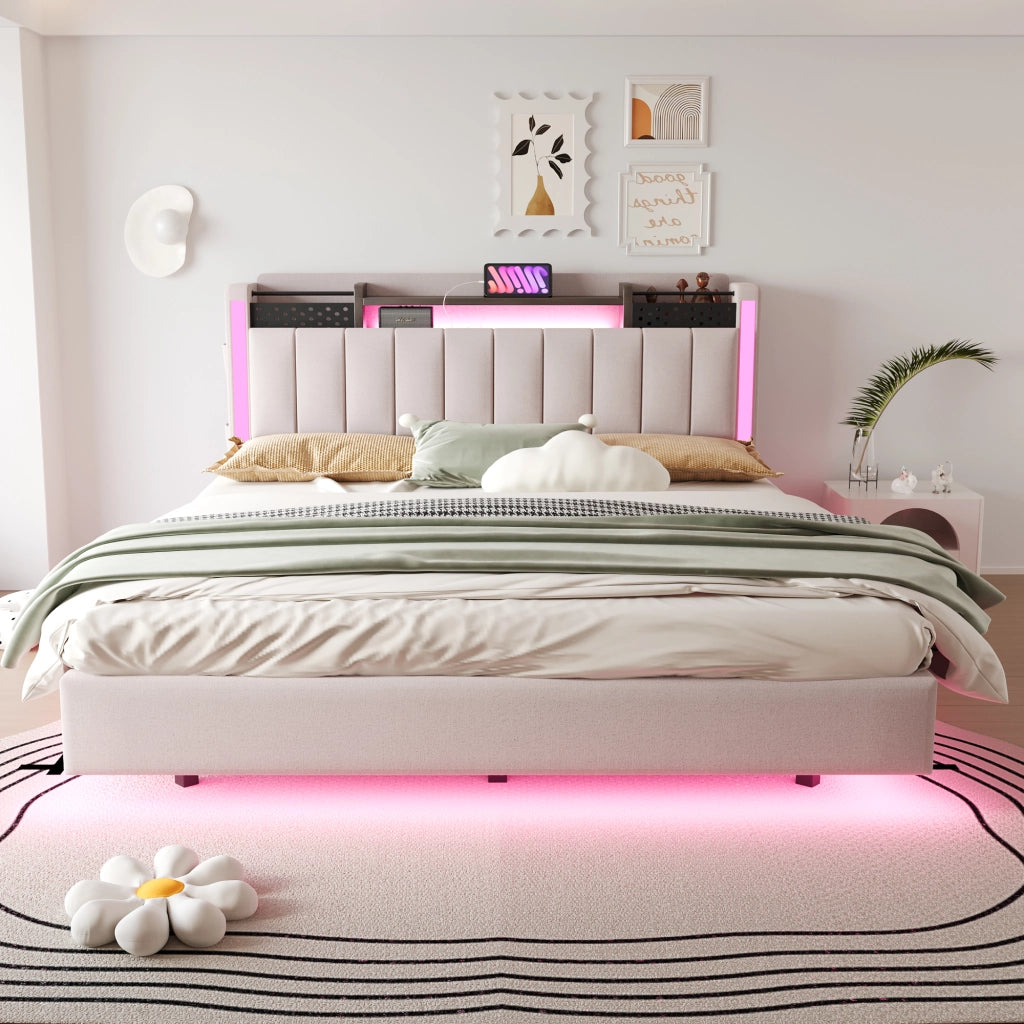 OKWISH Letto Imbottito 160×200 cm, Letto Matrimoniale con USB, Tipo C, LED Regolabile e Contenitore, senza Materasso, in Tessuto Beige