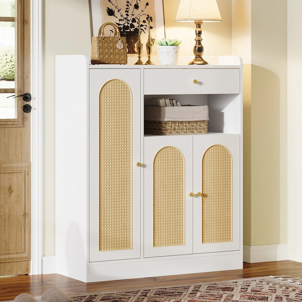 Mobile portascarpe moderno in rattan con 3 ante, 1 cassetto e ripiani regolabili, struttura in MDF/ truciolare, 90 x 35 x 110 cm, bianco/naturale
