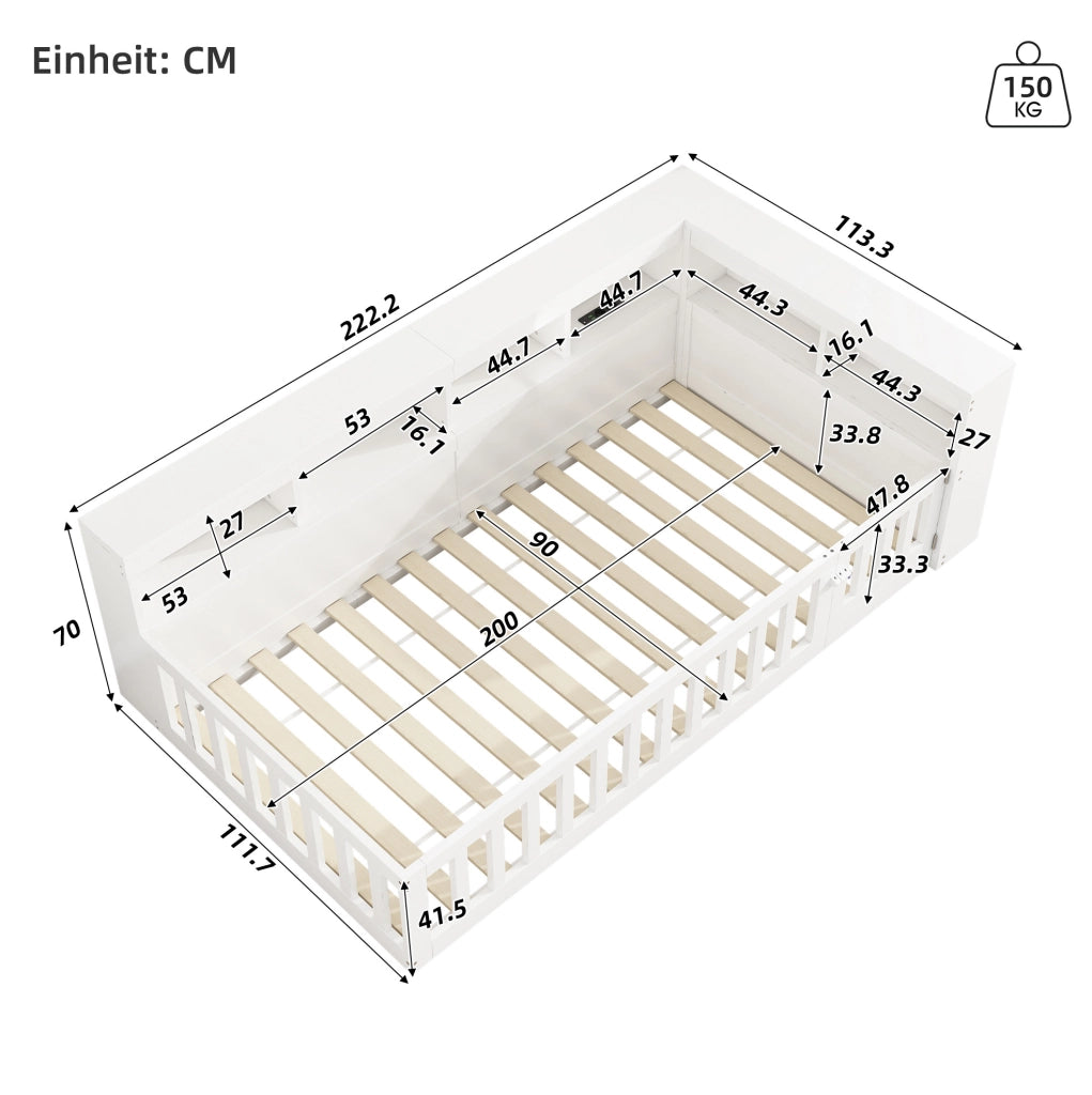 Letto 222.2x113.3x70 cm con prese USB e vano portaoggetti in truciolato e MDF bianco