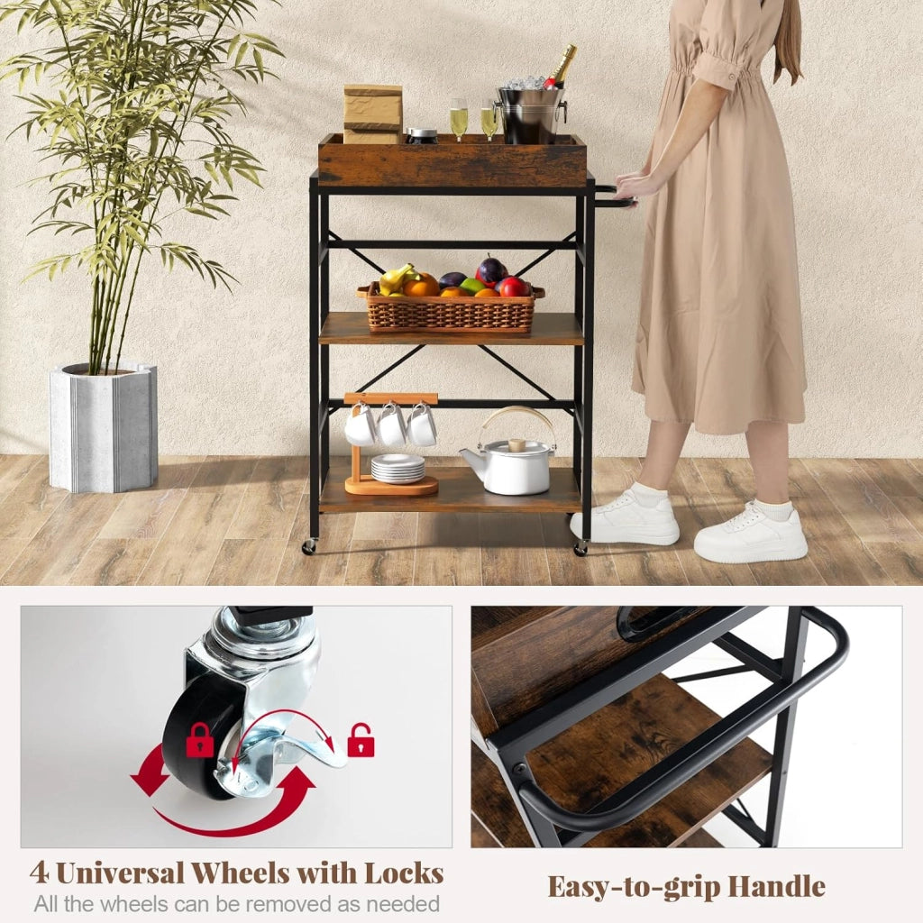 Carrello da cucina con vassoio estraibile e 4 ruote, carrello di servizio a 3 livelli con telaio in metallo, 73 x 40 x 94 cm, stile industriale, carrello ausiliario per cucina, sala da pranzo