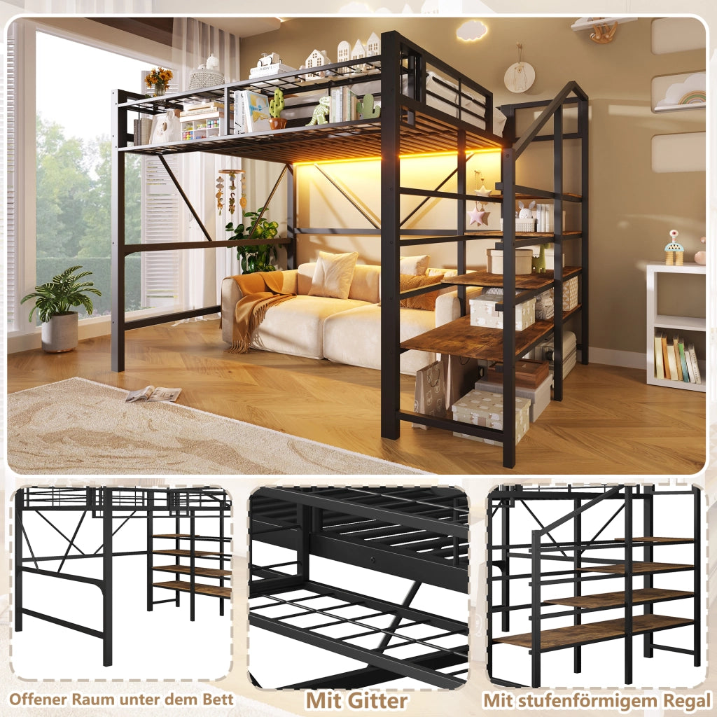 DESMIU Letto a soppalco 140 × 200 cm 2 posti con ripiani, cestello portaoggetti, LED regolabile, senza materasso, nero
