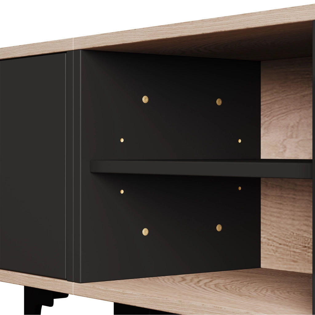 Mobile porta televisore 180 cm nero e finitura legno con tre ante e vani aperti capienti