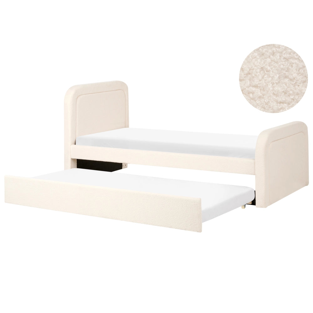 Letto singolo con secondo letto a scomparsa in tessuto Boucle 90 x 200 cm con rete a doghe rivestimento trapuntato beige chiaro camera da letto cameretta