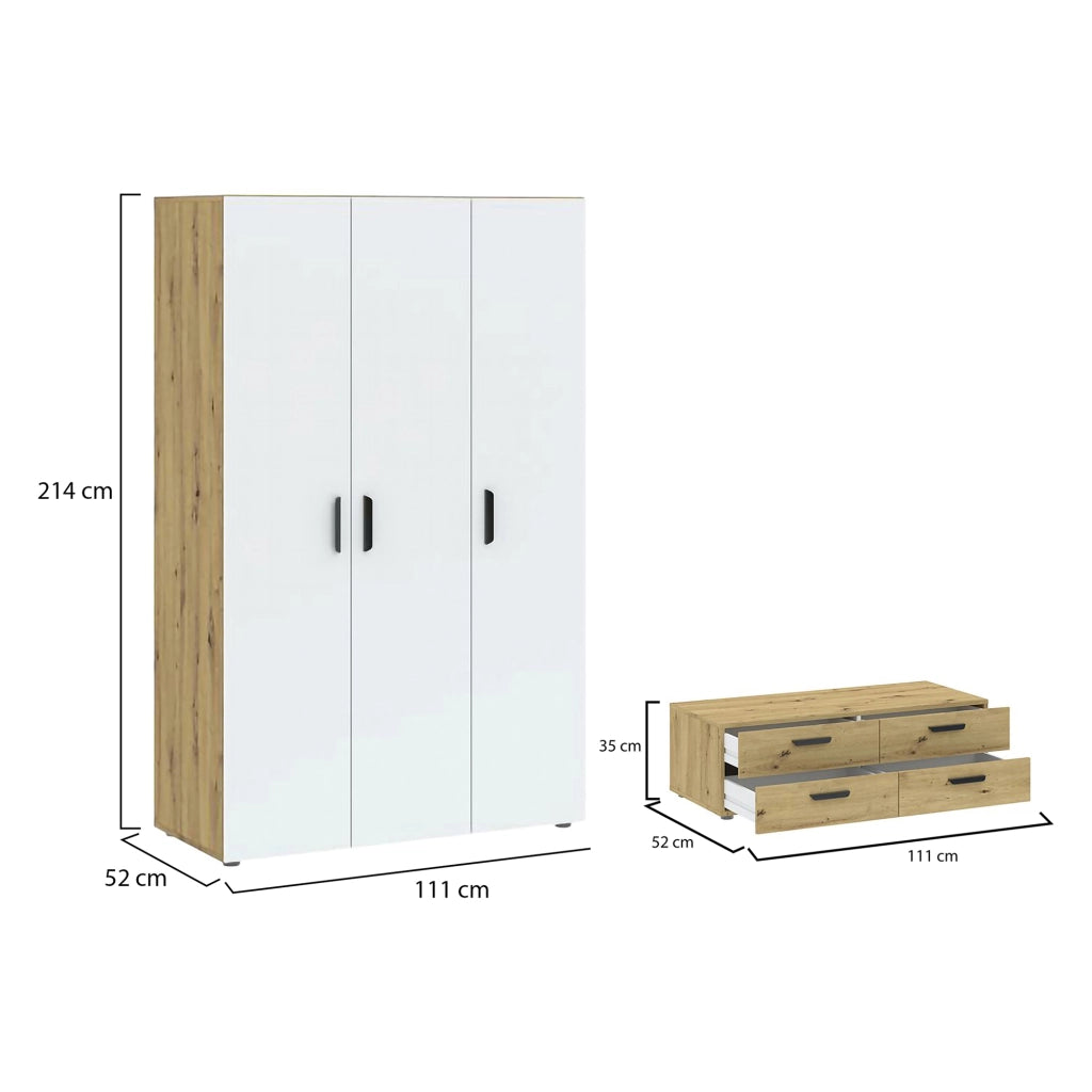 Armadio Camera da Letto Randazzo, Guardaroba 3 Ante Appendiabiti, 111x52 cm Marrone Rovere Nodi