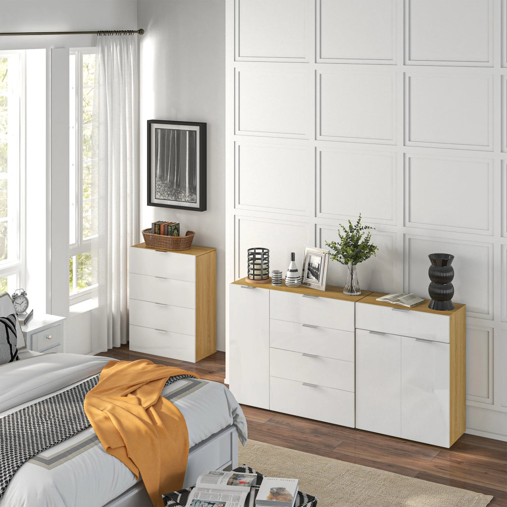 Cassettiera con 4 cassetti e ante ¨C zephmum ¨C bianco e naturale 105x35x92 cm