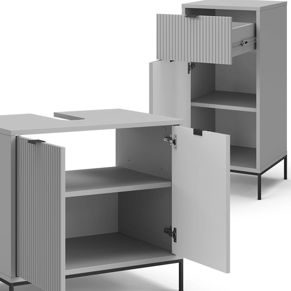 Set di mobili da bagno Eliza, Grigio, 70 cm, composto da mobile sottolavabo, specchiera, armadio medio e pensile