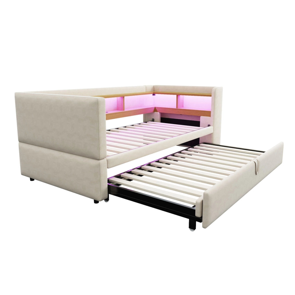 Divano letto estraibile 90/180x190 cm con LED, prese e vani beige