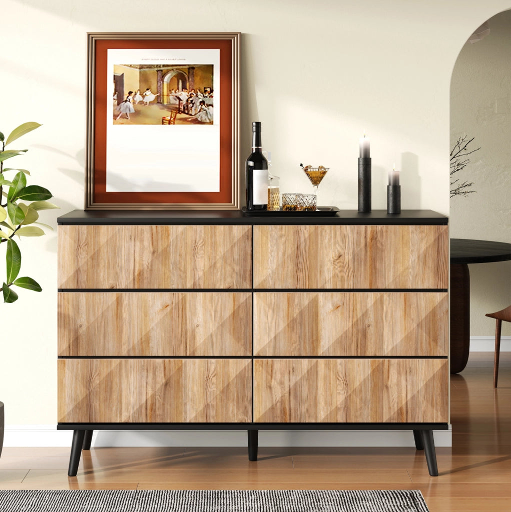 Sideboard 120x40x85 cm con 6 cassetti; finitura moderna in MDF e truciolare nero e naturale