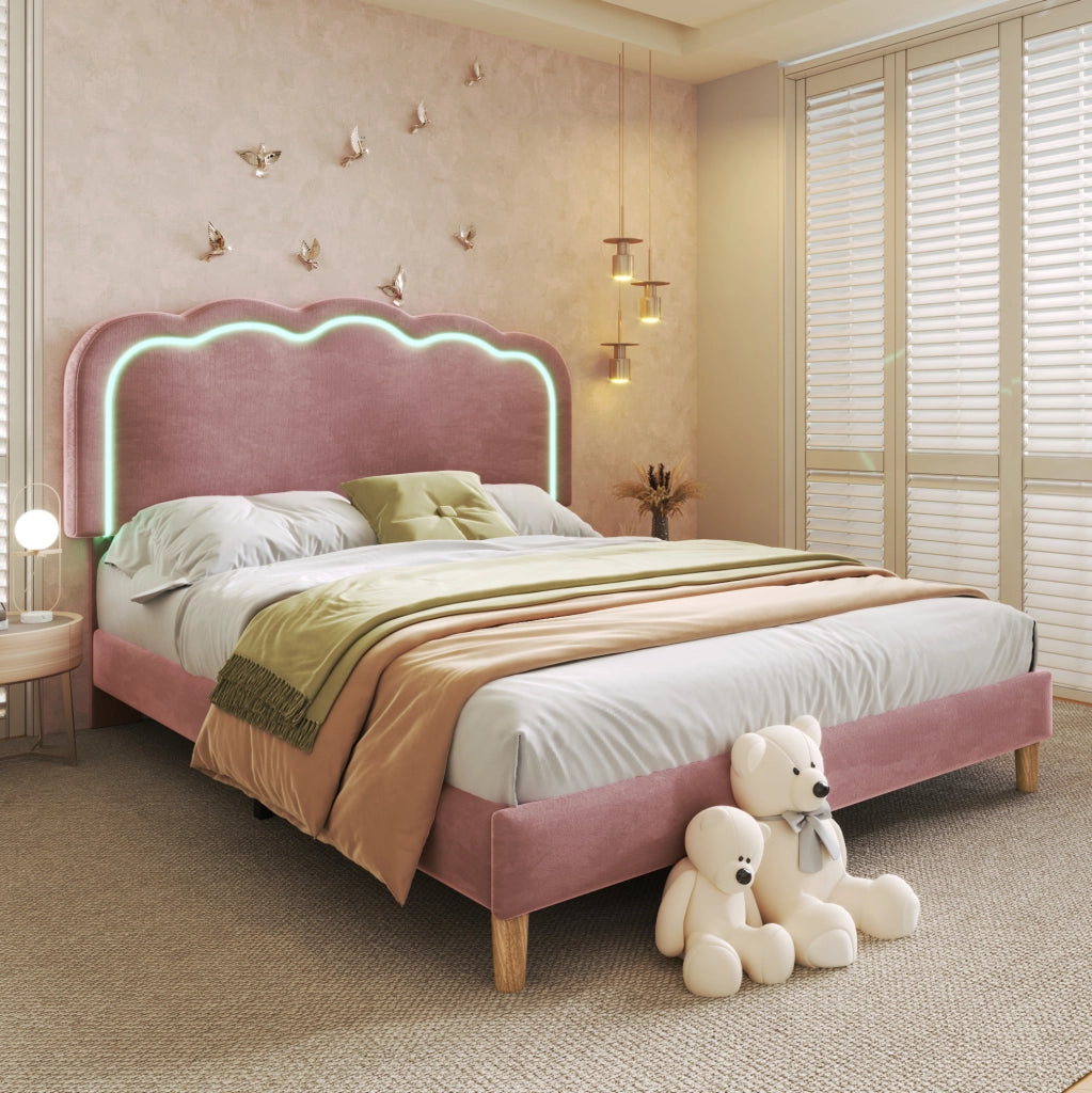 Letto imbottito ULEVR 140x200 cm con testiera regolabile e LED multicolore, velluto rosa