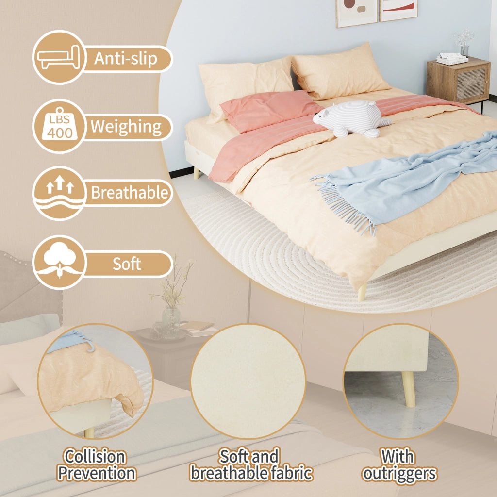 DESMIU Letto matrimoniale 160 × 200 cm senza materasso, in tessuto e metallo, beige, con design geometrico