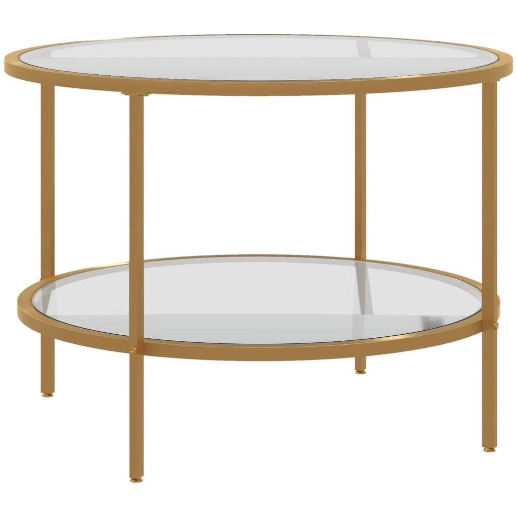 Tavolino da caffè rotondo con ripiano a 2 livelli - per soggiorno - in vetro - Ø60×43 cm - oro
