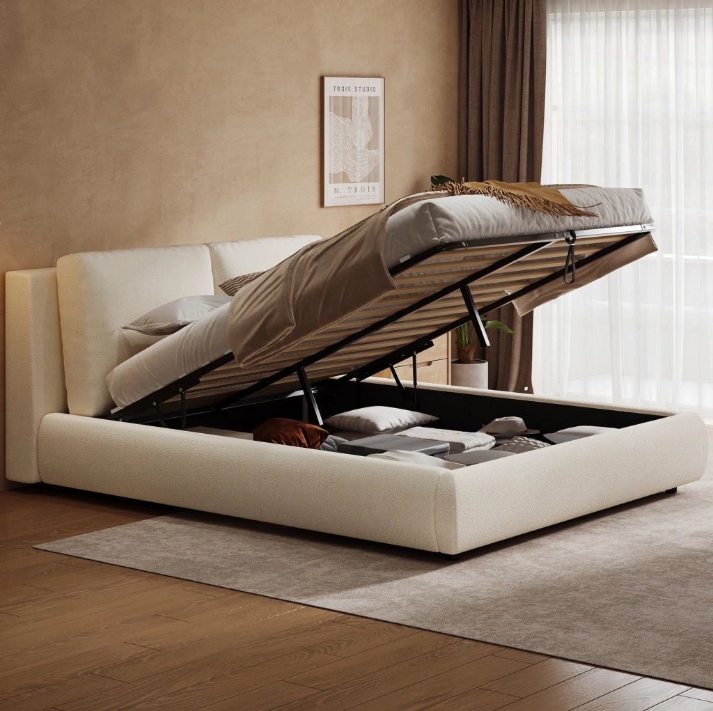 Letto matrimoniale imbottito 180x200 cm con contenitore; rete a doghe e testiera in bouclé beige