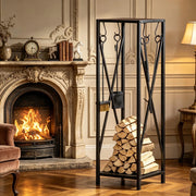 PORTA LEGNA DA CAMINO 34x34x111 cm Metallo Nero con 4 Accessori