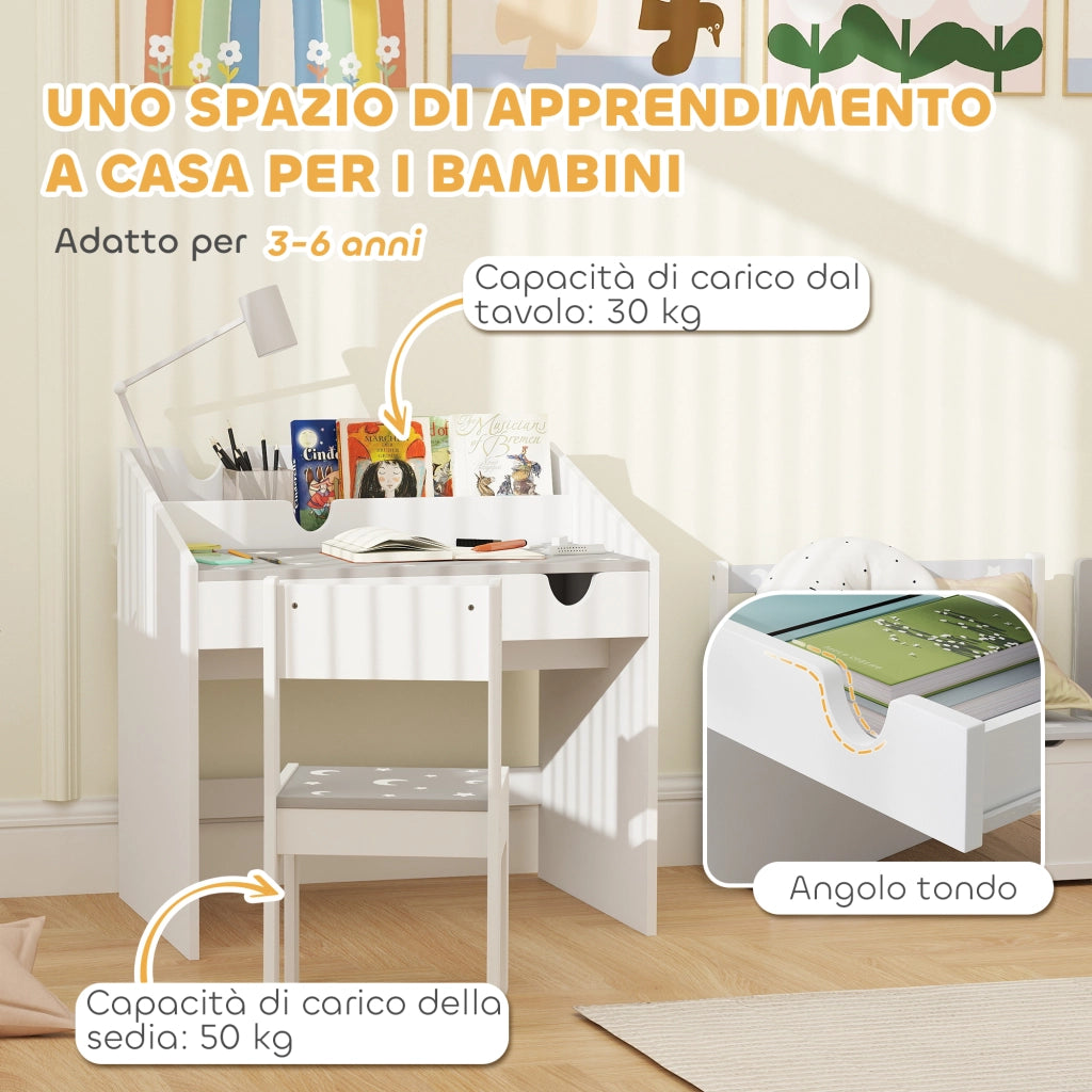 Set Sedia e Tavolino per Bambini 3-6 Anni con Organizzatore e Cassetto Estraibile. in Legno Grigio