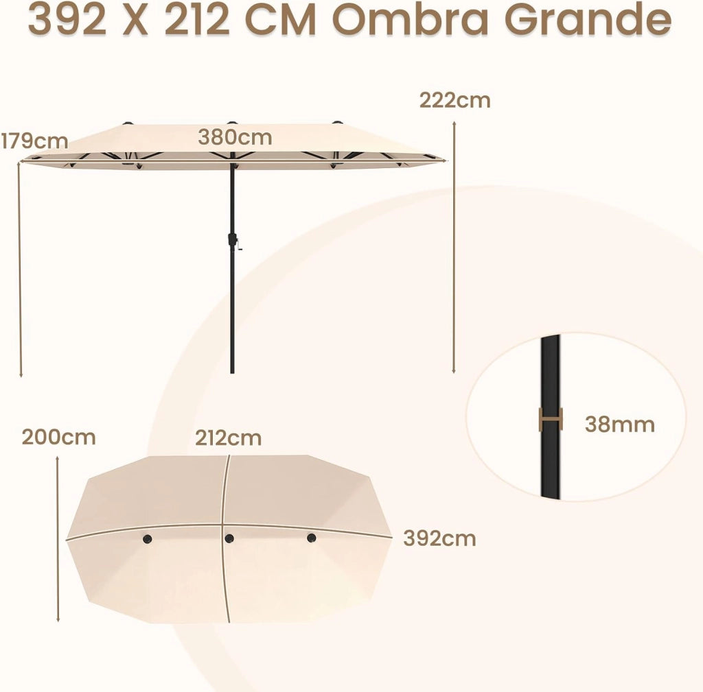 Ombrellone da Giardino Doppio 380 cm, con Manovella e 12 Stecche, Ombrello Rettangolare Pieghevole, per Giardino Piscina Terrazza, 380 x 200 x 222 cm (Beige, Senza Luci)