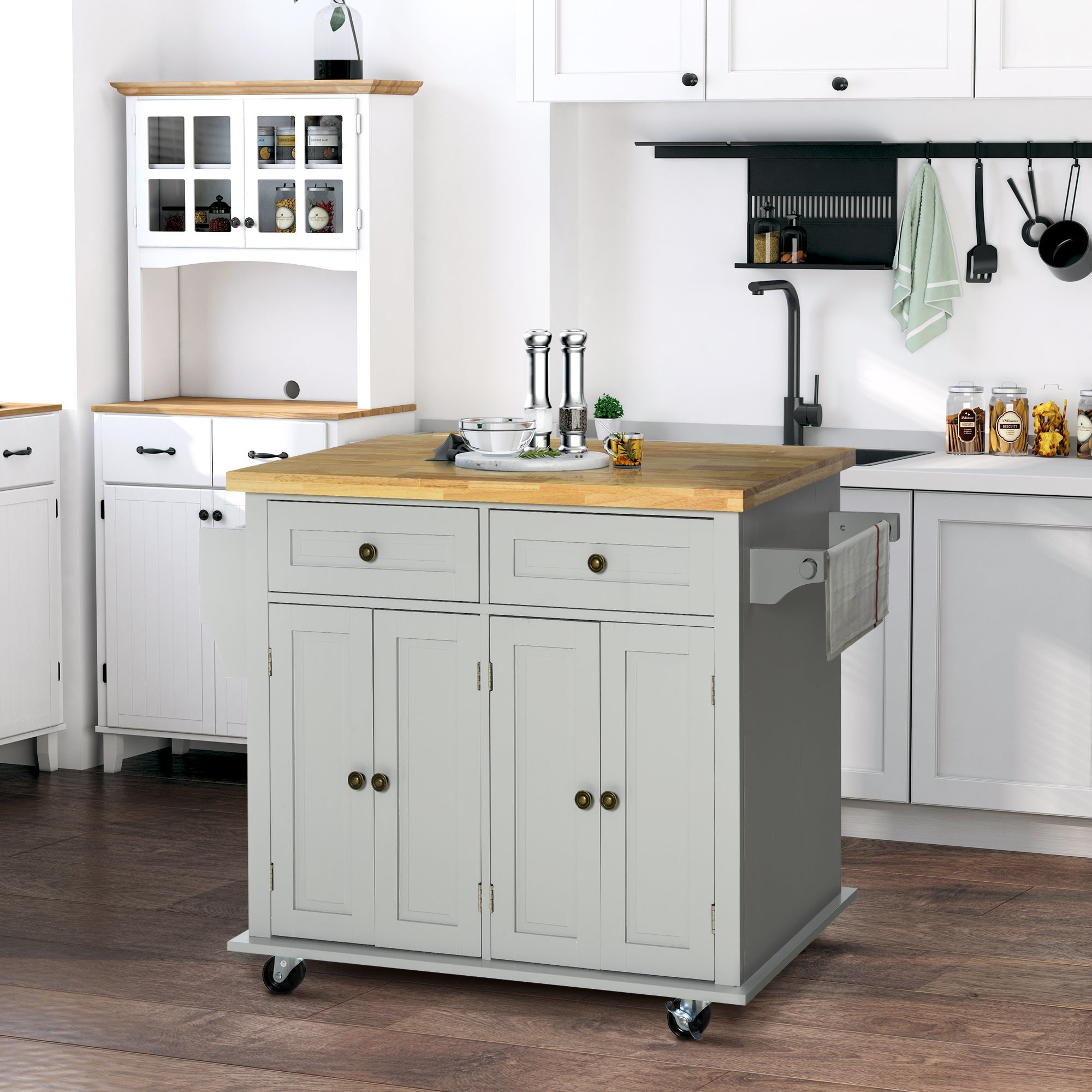 Carrello Isola da Cucina 2 Cassetti e 2 Armadietti Piano in Legno 111x44,5x82,5 cm Grigio