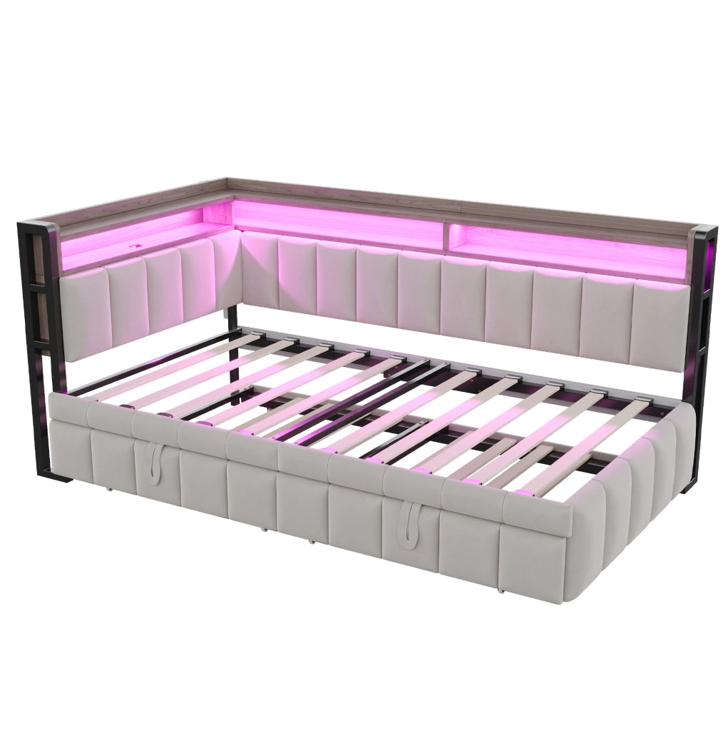 Divano letto con letto estraibile; LED; porte USB e Type-C; 90x200 cm; grigio