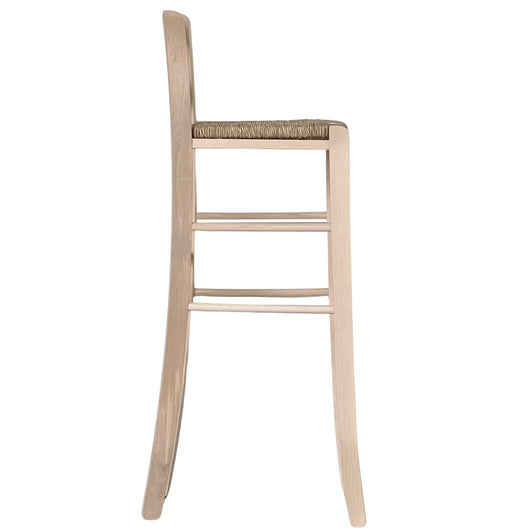 Sgabello alto da bar in legno grezzo da dipingere h 80 cm con seduta in paglia
