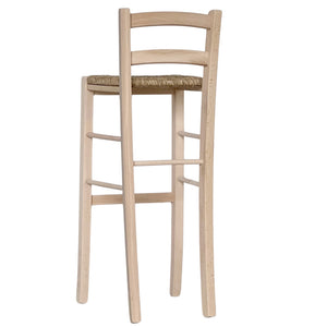Sgabello alto da bar in legno grezzo da dipingere h 80 cm con seduta in paglia