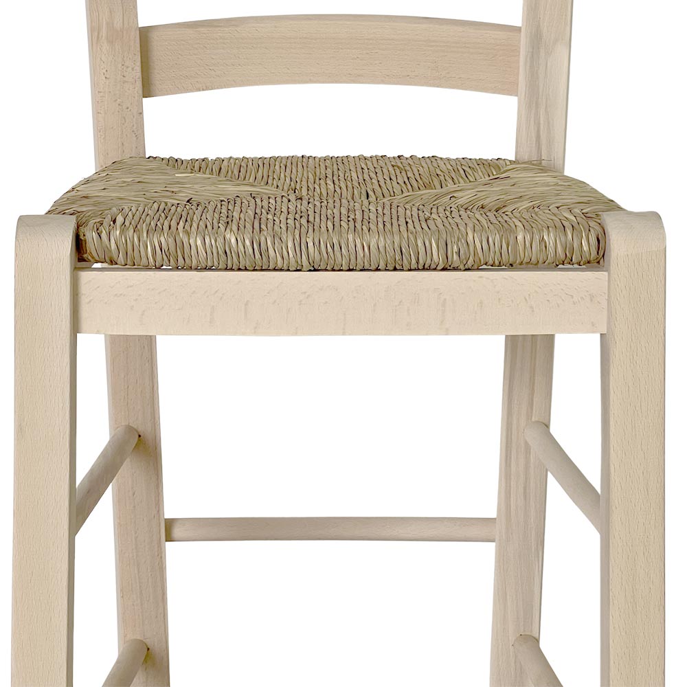 Sgabello alto da bar in legno grezzo da dipingere h 80 cm con seduta in paglia