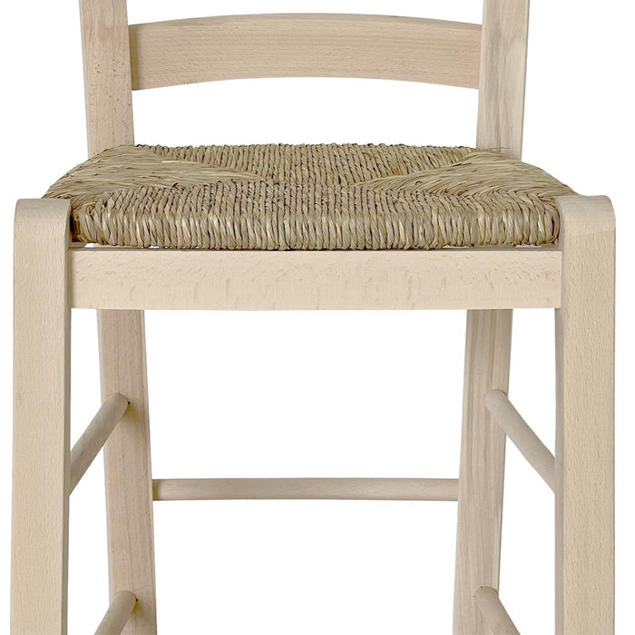 Sgabello alto da bar in legno grezzo da dipingere h 80 cm con seduta in paglia