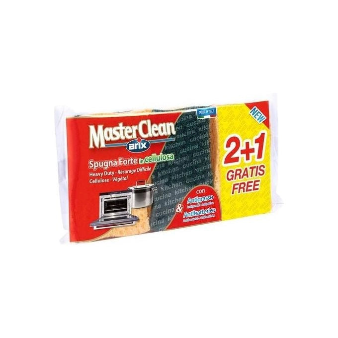 Arix 1 127823 MasterClean Spugna Abrasiva Forte in Cellulosa Vegetale Antibatterica Antigrasso 3 pz