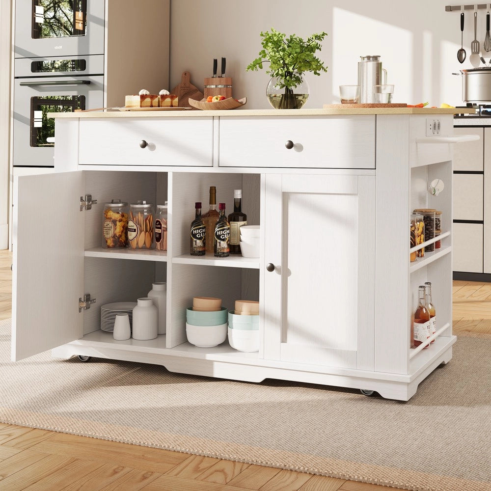 Isola Cucina con Presa Elettrica e Piano in Legno ¨C Xylo ¨C Bianco