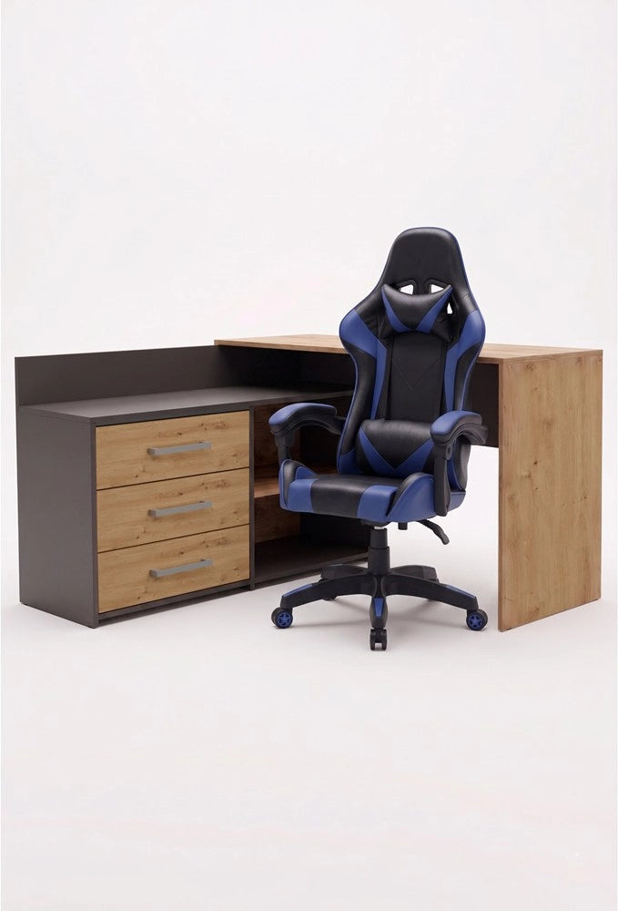 Set scrivania DANY angolare antracite e rovere artisan + poltrona REMUS blu