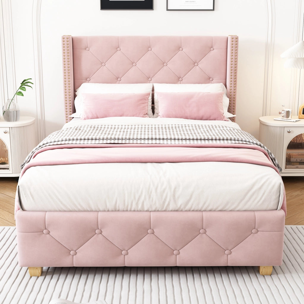 Letto Singolo 90×200 cm; 1 Posto con Testiera Imbottita e Borchie Decorative; senza Materasso; Velluto Rosa