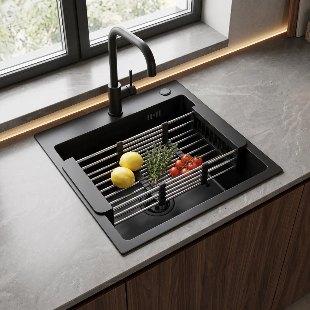 Lavello In Acciaio Con Set Di Accessori 3 Pz. Rea Leo 40 Black Accessori beige