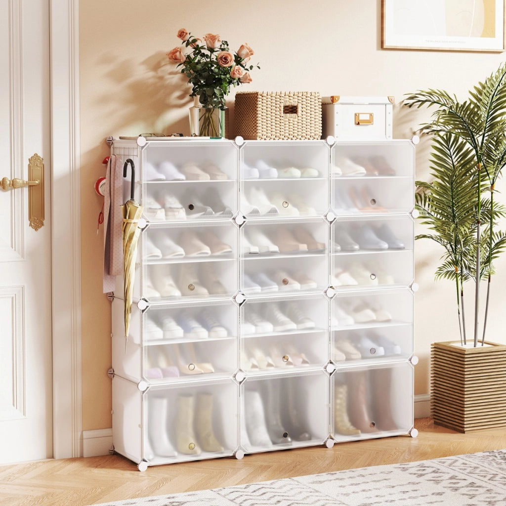 Scarpiera a 8 ripiani per 48 scarpe per ingresso per stivali e tacchi-Armadio 12 cubi in plastica con ganci laterali Bianco