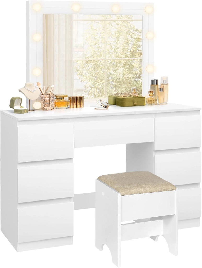 Toeletta da Trucco con Specchio, Sgabello e Luci LED, Luminosità Regolabile, Tavolo da Trucco con 7 Cassetti, Postazione Make Up 107x39,5x140,5cm, Cassettiera in Legno, Bianco