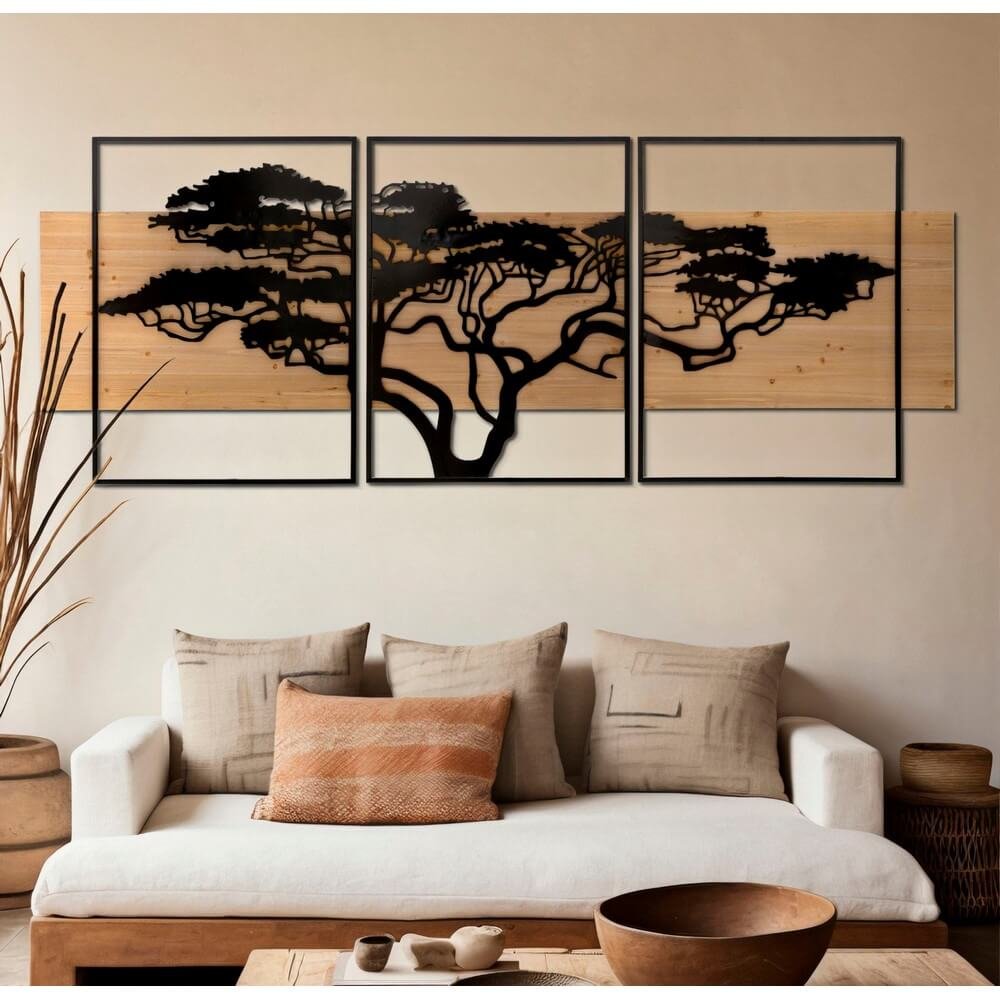 Decorazione Parete Set 3 Pezzi Ferro e Legno cm 204X2X80 - LAGOS