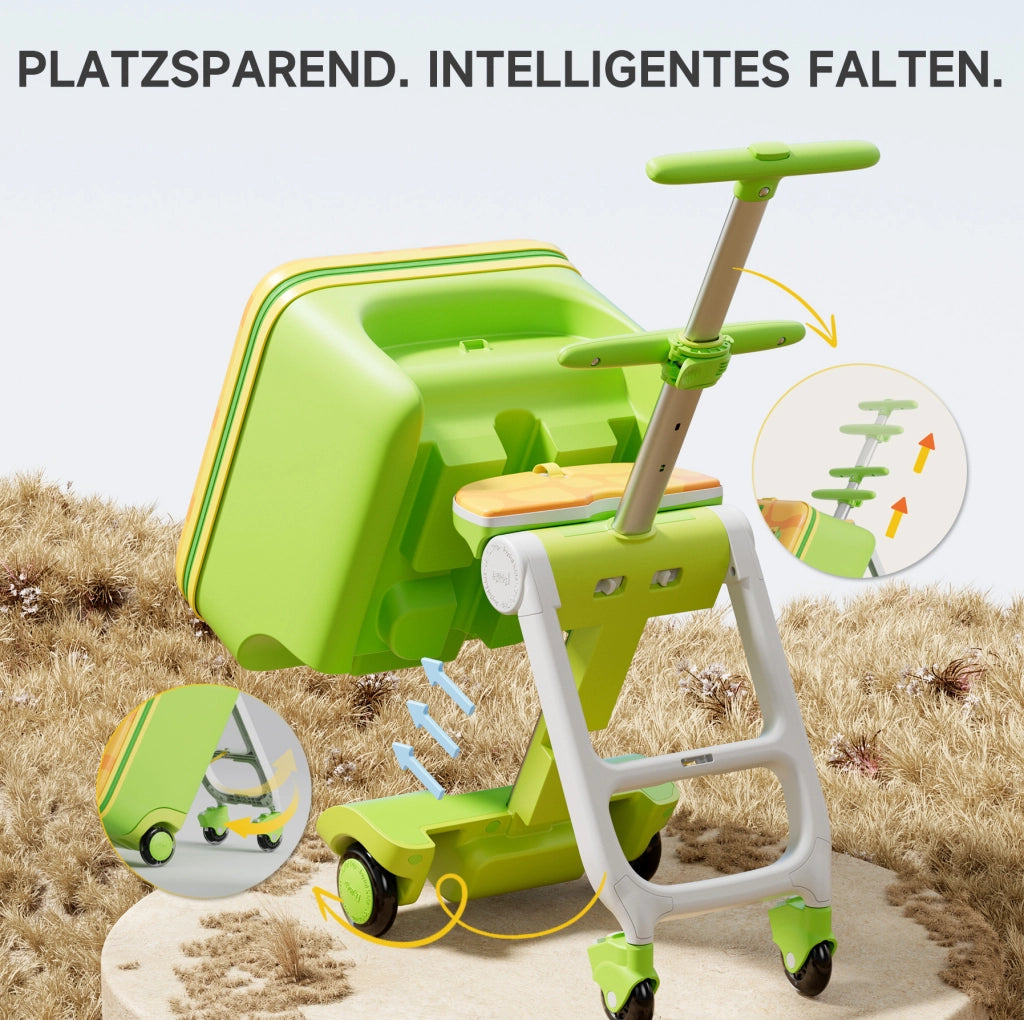 Valigia trolley bambini 3 in 1 con seduta, 32L, verde, con manico telescopico e 4 ruote BEAUNIV