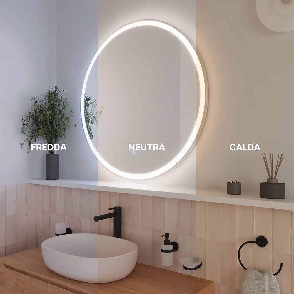 Specchio led tondo Ø 60 cm cornice bianco opaco touch screen luce calda/fredda