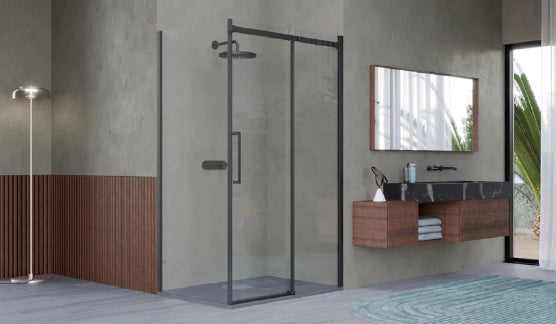 Box Doccia 2 lati 100x140 cm SENZA TELAIO H200 cm da 8mm: lato fisso + porta scorrevole FIORE Nero Opaco