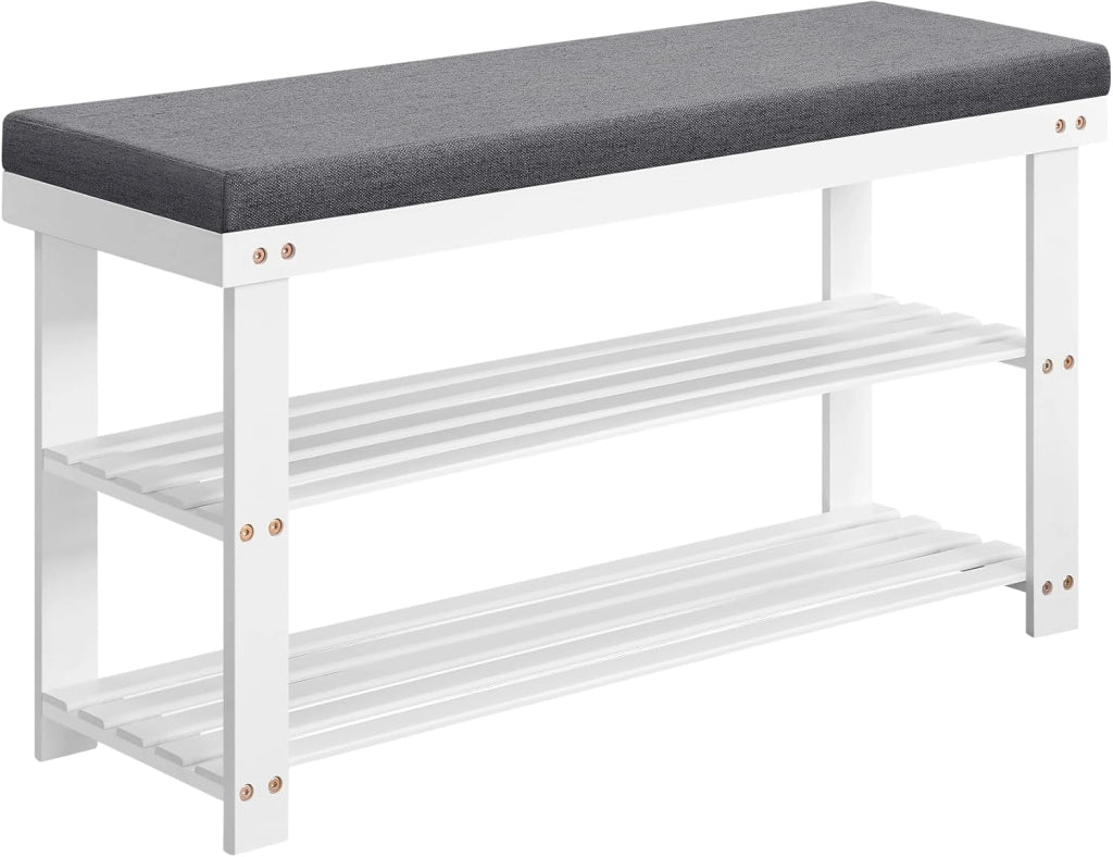 SONGMICS Panca Scarpiera in Bambù, Portascarpe a 2 Ripiani, Organizzatore per Scarpe Stabile per Corridoio, Soggiorno, Seduta Regge Fino a 136 kg, 29 x 90 x 49 cm, Bianco e Grigio LBS904W01