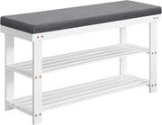 SONGMICS Panca Scarpiera in Bambù, Portascarpe a 2 Ripiani, Organizzatore per Scarpe Stabile per Corridoio, Soggiorno, Seduta Regge Fino a 136 kg, 29 x 90 x 49 cm, Bianco e Grigio LBS904W01